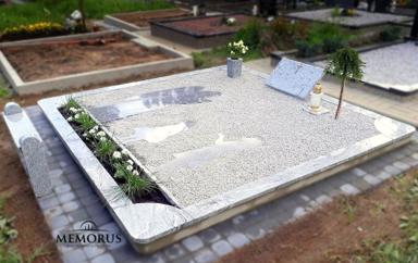 kapavietės dizainas su šviesia skaldele bei augalais ir žmonių siluetais