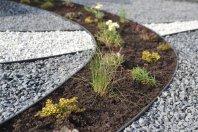 Kapavietės tvarkymo dizaino nuotrauka su kapo dekoravimu įvairiais augalais ir įkomponuotu juodu paminklu Panevėžyje